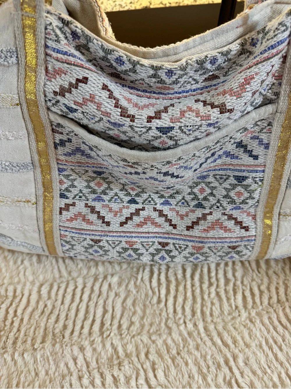 Boho White Tote with Pink, Gold and Brown Accents preloved can be cleaned